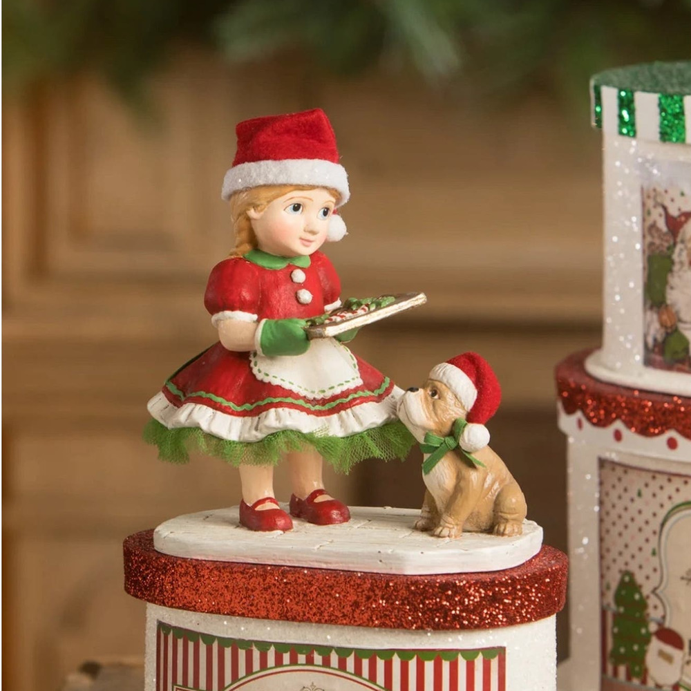 Bethany Lowe Christmas Cookie Caroline Girl Baking Cookies W/ Bulldog Puppy New